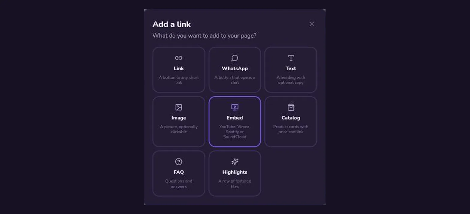 The woox.be bio page block picker showing every available block type