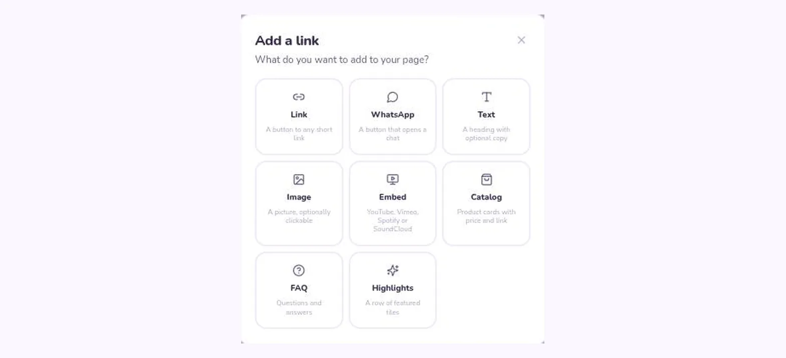 The woox.be bio page block picker showing every available block type