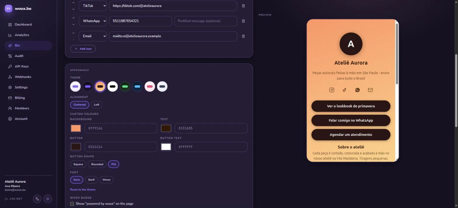 The woox.be bio page editor with a live phone preview beside the block list
