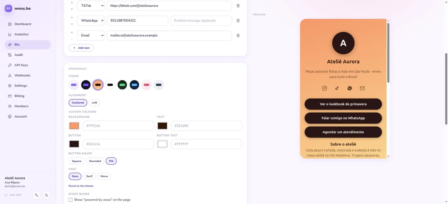 The woox.be bio page editor with a live phone preview beside the block list
